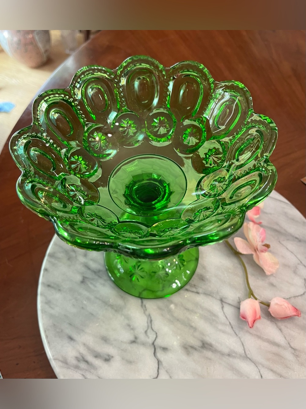 Excellent VTG L.E. Smith "Moon & Stars" Emerald Green Compote - SGC Marked